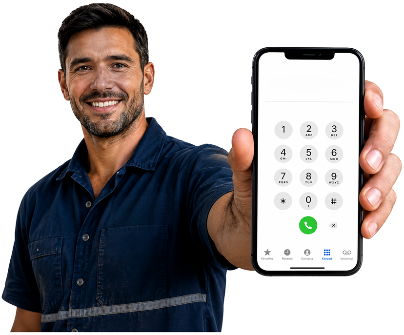 Mount Druitt Blocked Drains plumber holding a phone — call 1300 261 965