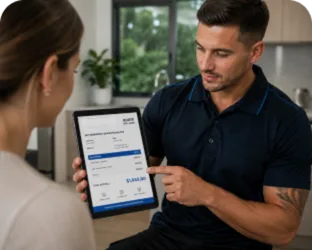 Plumber showing a Mount Druitt customer the quote on a tablet