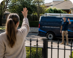 Customer waving goodbye to a Mount Druitt Blocked Drains plumber